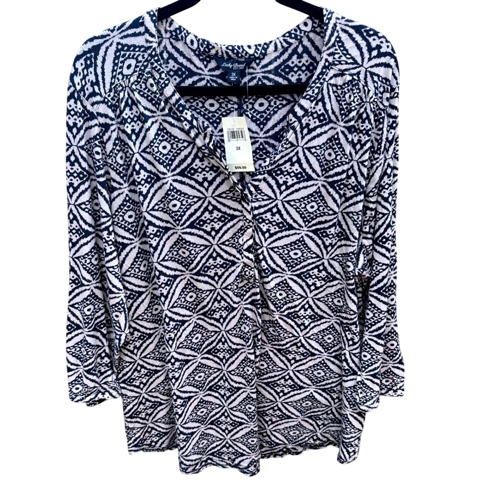 Lucky Brand Women 3X Navy Blue White Geometric Medallion Knit Top 3/4 Sleeve NEW
